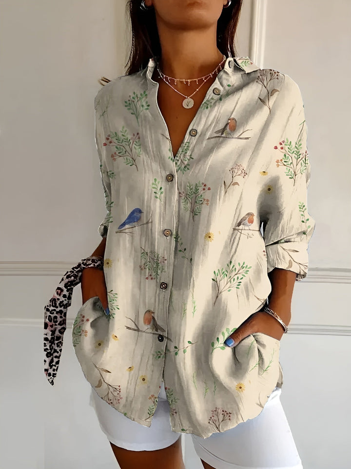 Éloane™ | Botanische Blouse met Vogelprint 🌿🕊️